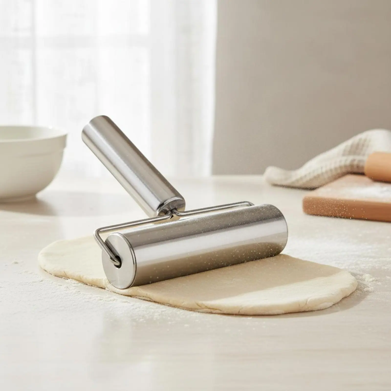 Stainless Steel Rolling Pin Sturdy Metal Pastry Cylinder Metal Pastry Cylinder Long-Lasting T-Handle Rolling Pin Multipurpose