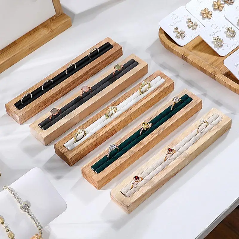 

【Funny】Wood Rectangle Shape Jewelry Tray With French Velvet Lining Ring Holder Earrings Bracelet Display Plate Storage Stand