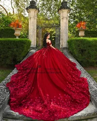 Red 3D Flowers Ball Gown abiti Quinceanera con Applique pizzo paillettes dolce 16 abito con spalle scoperte Vestidos De 15 XV aecos