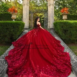 Rote Quinceanera Kleider mit Applikationen Spitze, 3D -Ballkleid, süßes Kleid 16, Kleid aus der Schulter, 15 xv Jahre 12 Hauptverkaufskleider 15 Jahre rot - №8