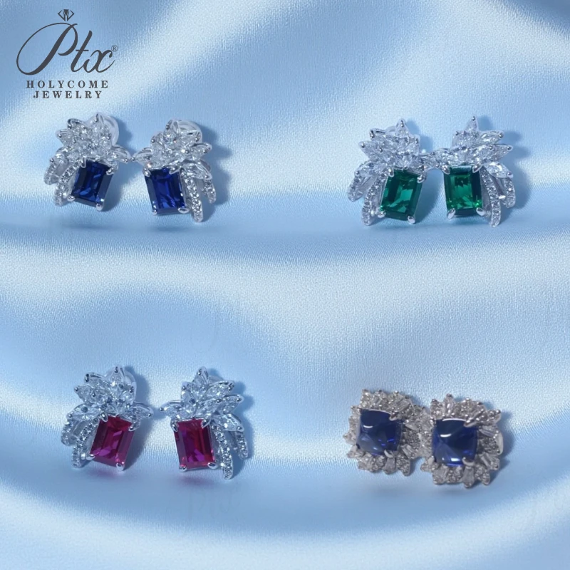 

Multi-diamond Colored Gemstone Earrings Main Emerald or Sugar Tower Shape Lab Grown GemstoneSide Moissanite Favorite Party Gift