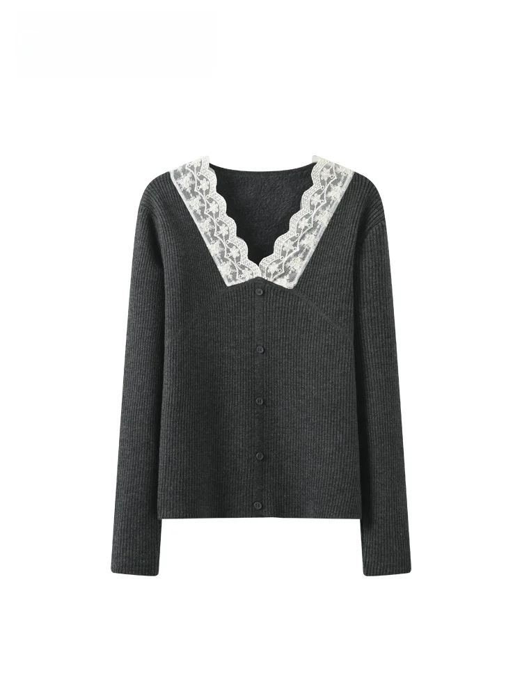 

Loose V-Ne Long Sve Lace Splicing Spring Faionable Small Fraance Sle Top for plus Size Women Gentle Sle Knitted ...