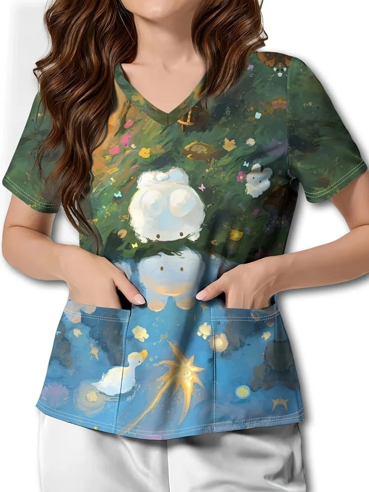 Uniforms Women Medical Fashion Floral Print V-Neck Obstetrics Nursing Tops Short Sleeves with Pockets Clinical Uniforms Woman