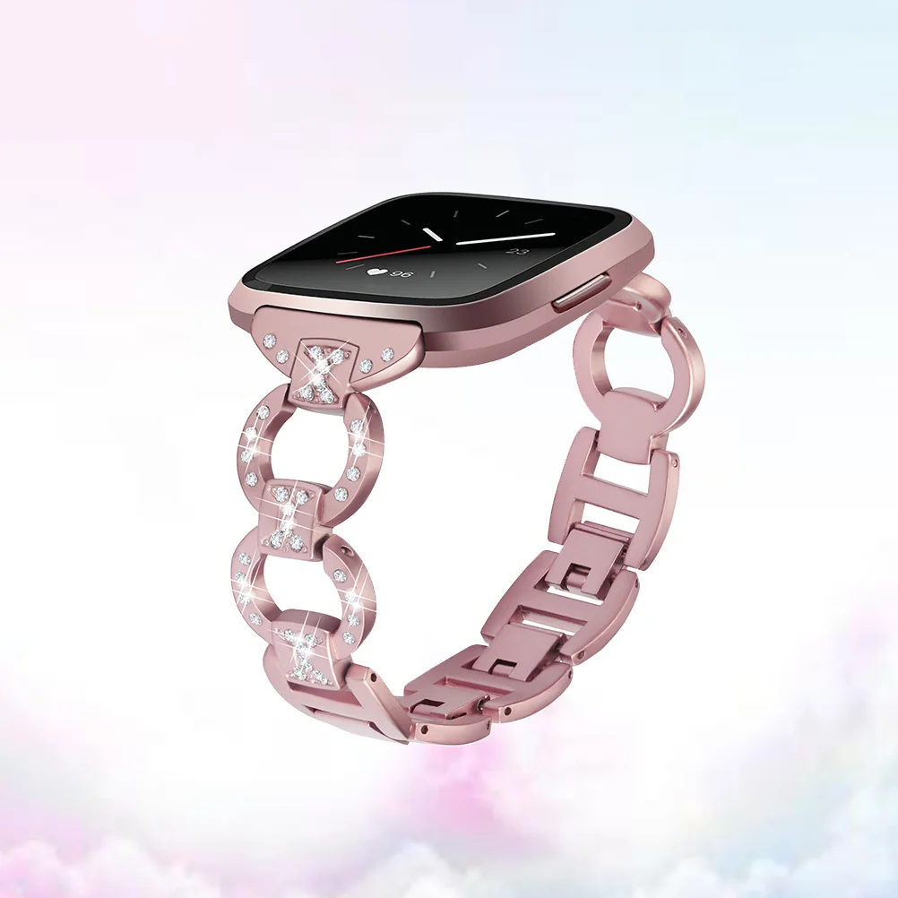 

Stainless Steel Bling Chain Watch Band Strap for Business Sports Daily Use Rose Pink Rhinestone Wristband