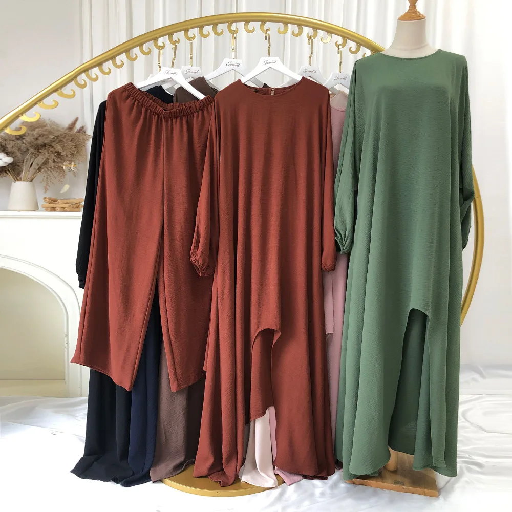 2 Piece Muslim Set Women Long Top Wide Leg Pant Modest Abaya Dress Outfits Dubai Kaftan Islam Clothing Femme Musulmane Ensembles