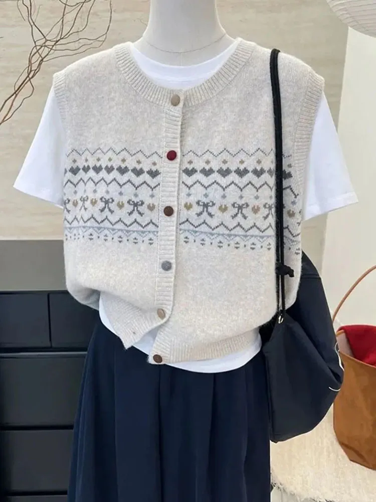 Retro Knitted Floral Vest Women's Spring Autumn New Style Outerwear Sleeveless Shoulder Pad Vest Top Buttoned Polyester Blend