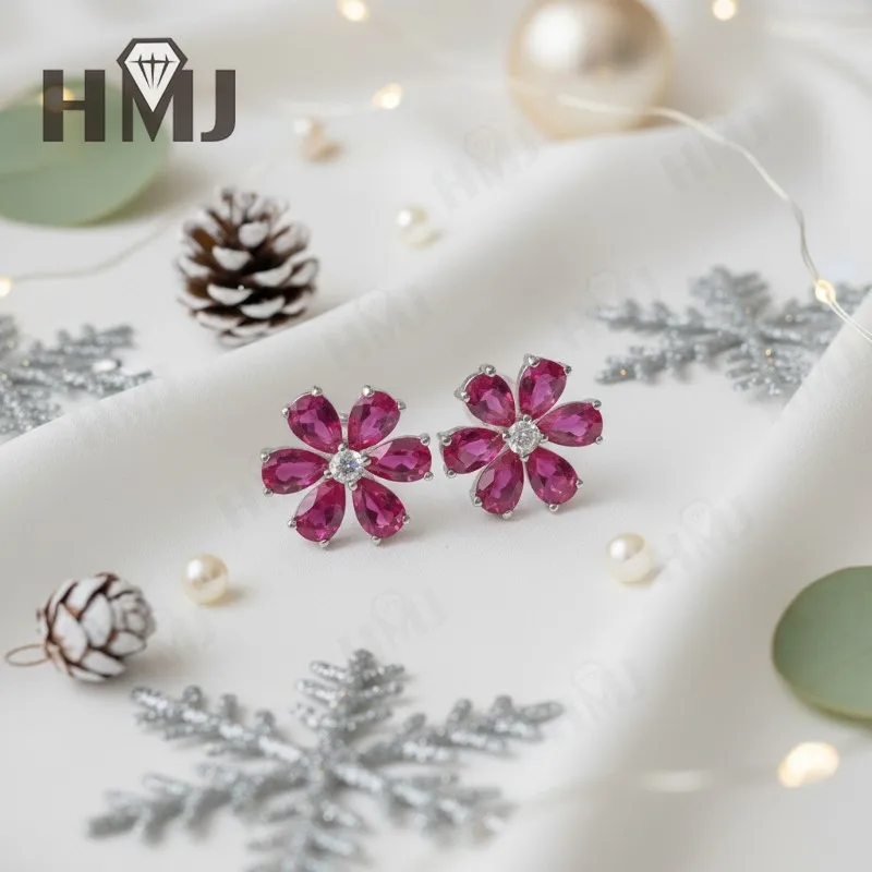 أقراط زهرة 4.3-6.3CT الكمثرى روبي الياقوت كولومبيا بادبارادشا S925 رومانسية ست بتلات الأذن ترصيع للنساء هدايا عيد الميلاد #3