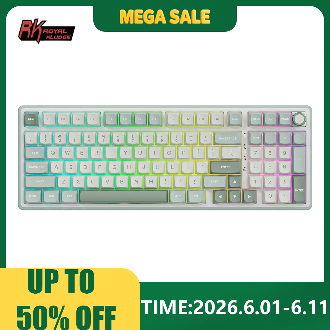 Rk royal kludge r98pro botão plugável teclado mecânico com fio 98 teclas gaxeta rgb teclado de jogos permutável quente mda keycaps