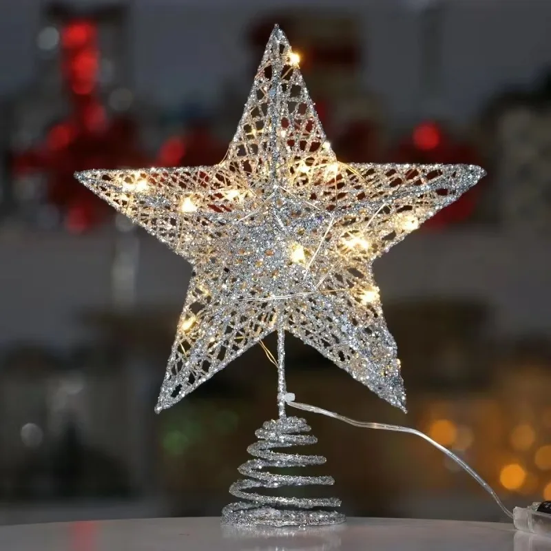 Estrella de hierro con tapa de árbol de Navidad dorada y plateada roja para adornos de árbol de Navidad, tapa de árbol de Navidad 2024 con pentagramas de hierro iluminadas