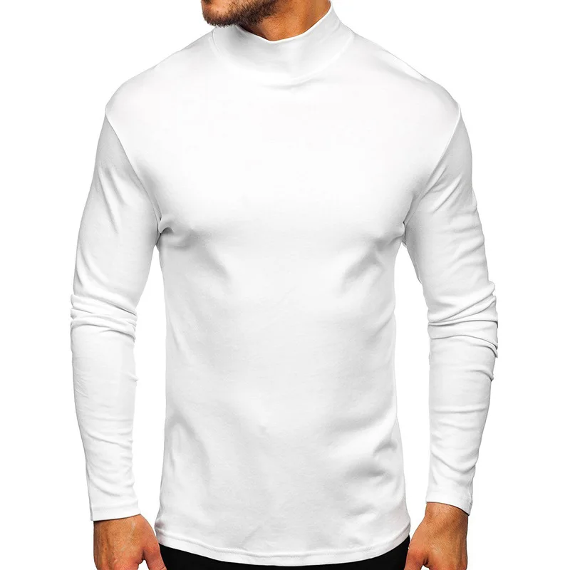 

Autumn Winter Men's Semi High Neck Fashionable Base Long Sleeved Top male Solid Color Casual Sports Fitness Warm T-shirt