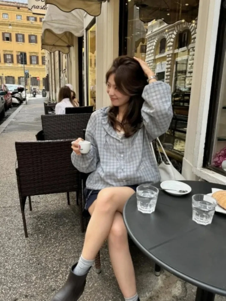 

2025 Summer New Korean Sle Casual Loose Slimming Comfortable Hooded Dstring Sun Protection Plaid irt Women's Faion
