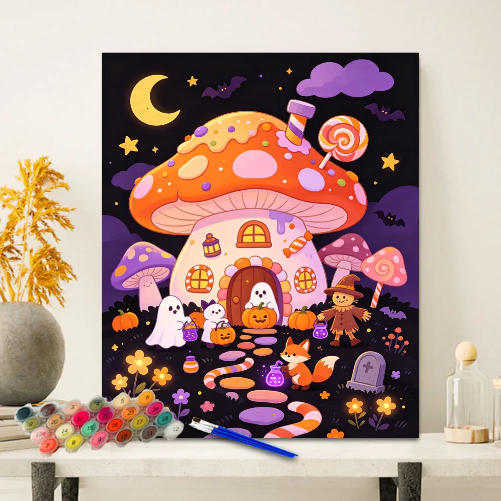 Painting By Numbers Halloween Mushroom House on Digital Painting Canvas Acrylic Paint Image Digital Coloring