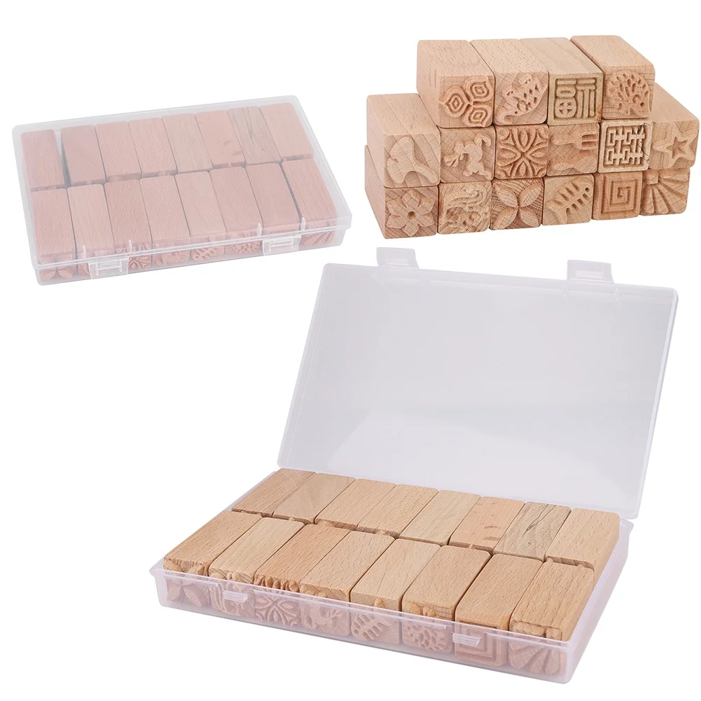 16pcs Hand Carved Stamps Beech DIY Clay Pottery Printing Blocks Craft Accessory