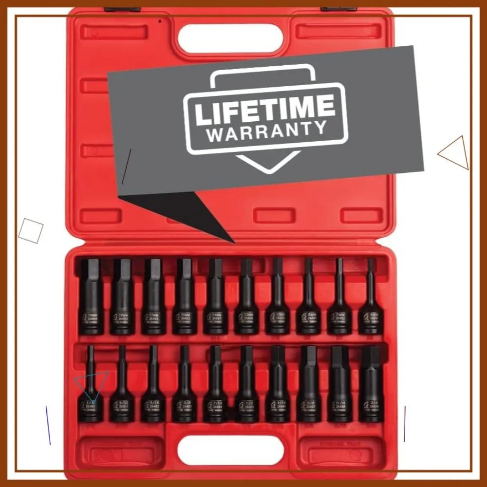 مجموعة مفكات سداسية من Drive Impact مقاس 1/2 بوصة، مكونة من 20 قطعة SAE/Metric، فولاذ Cr-Mo، حافظة شديدة التحمل، تلبي معايير ANSI #1