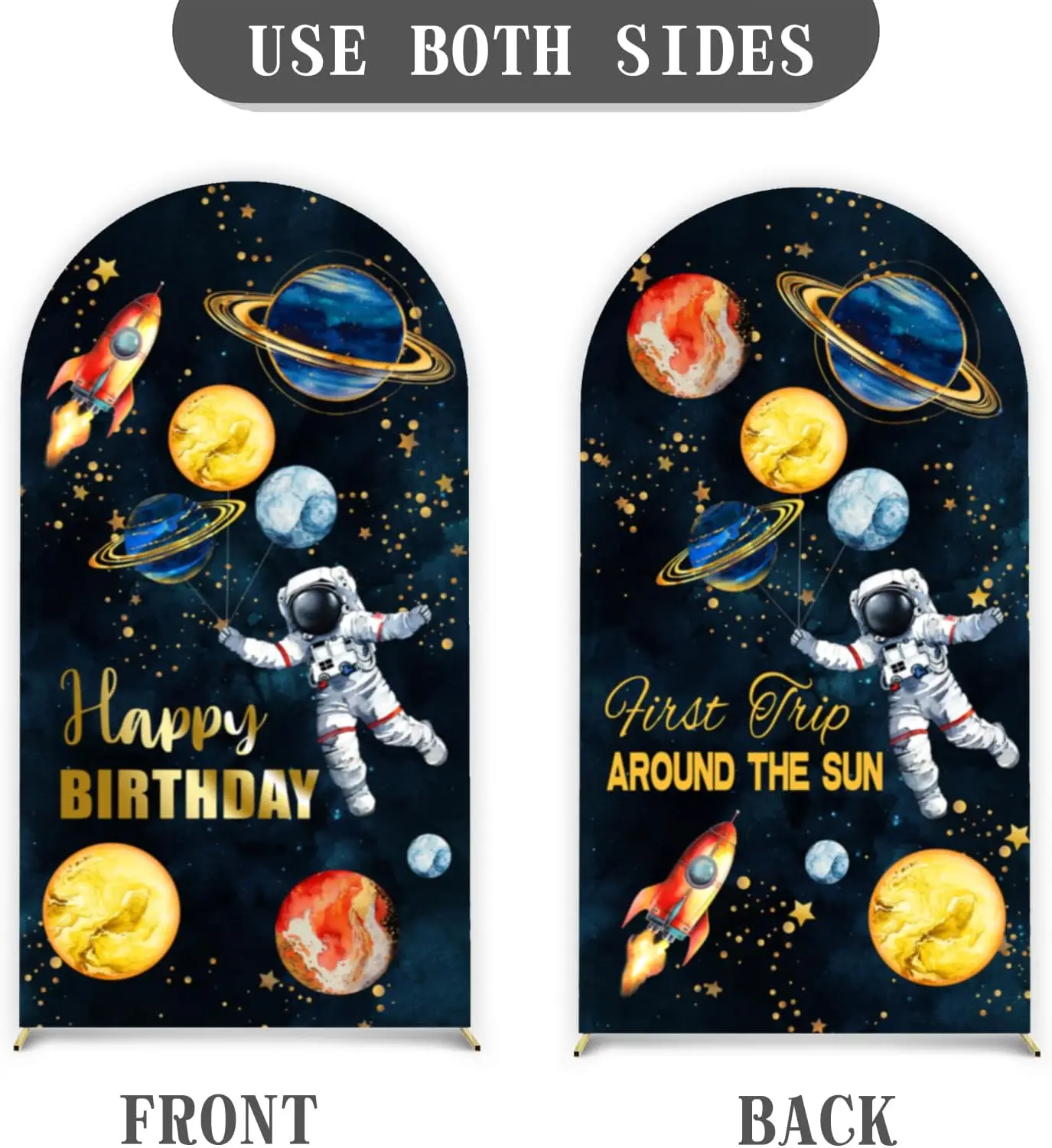 Custom 2-sided Arch Background Covers Baby Kids Astronaut Birthday Backdrop for Cake Table First Trip Around The Sun Party Decor