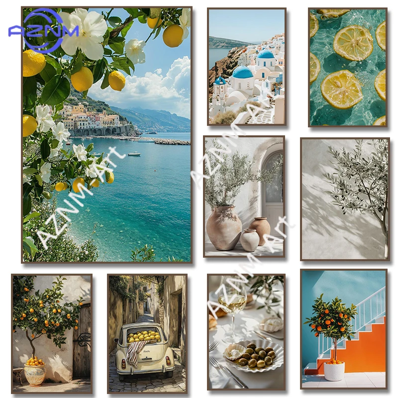Póster de paisaje retro del Mediterráneo con árboles de olivo, naranjo y limón italianos, pintura en lienzo, imágenes artísticas de pared, decoración del hogar