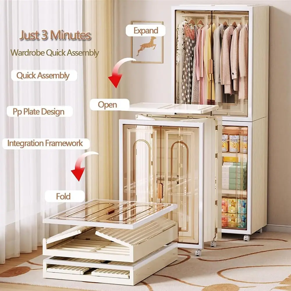 Traditional 4-Cube Stackable Adult Portable Plastic Wardrobe Foldable 4 Shelves Storage Cabinet Bedroom Hanging Clothes Home
