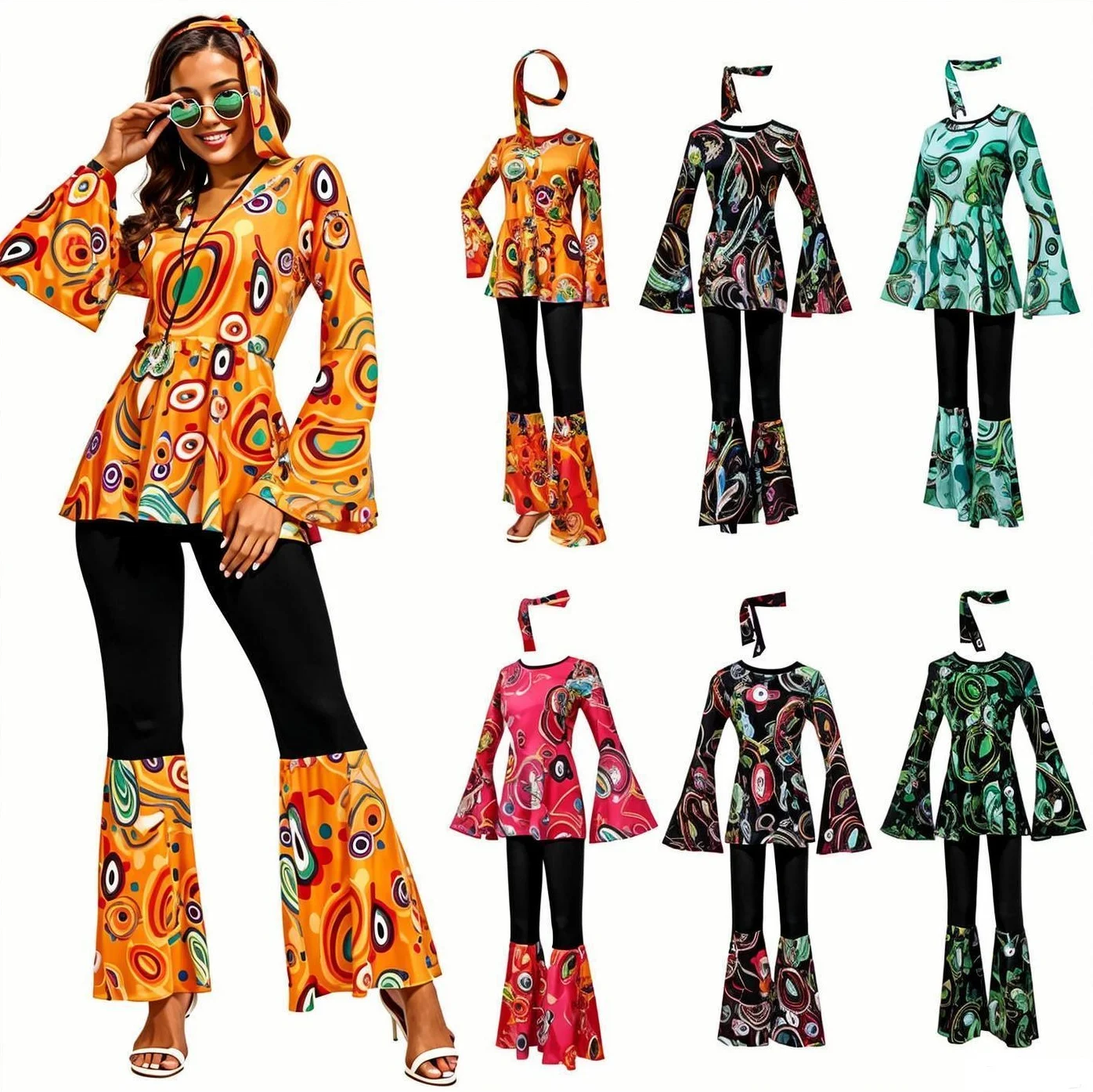 Conjunto de Pantalones y Blusa Estampada Multicolor para Mujer con Pañuelo para la Cabeza, Disfraz Hippie de Halloween