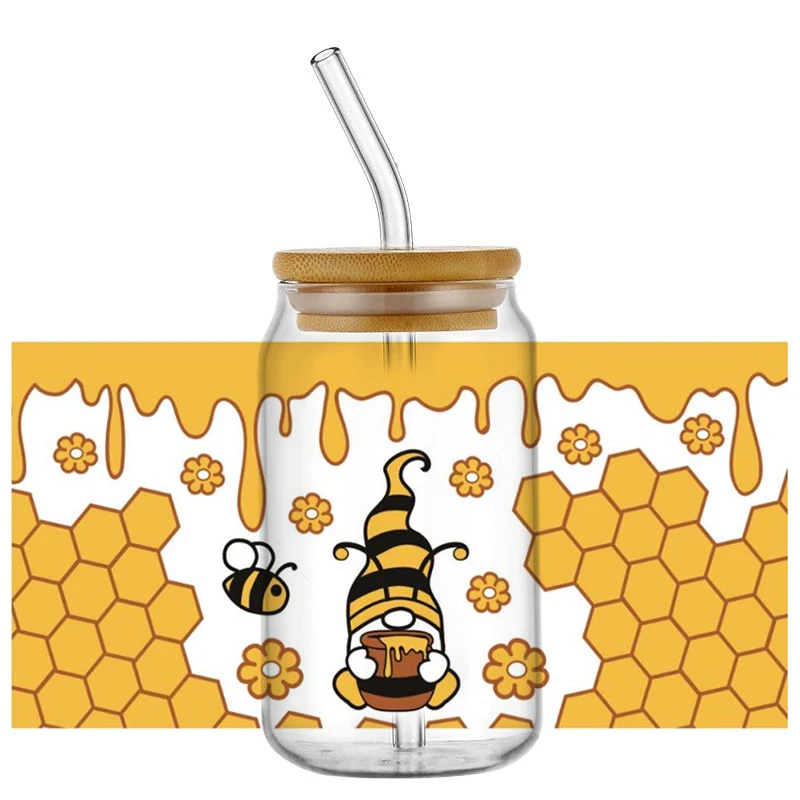 Cartoon Bee Honeypot Pattern UV DTF Transfer Sticker Waterproof Transfers Decals For 16oz Glass Cup Wrap Stickers