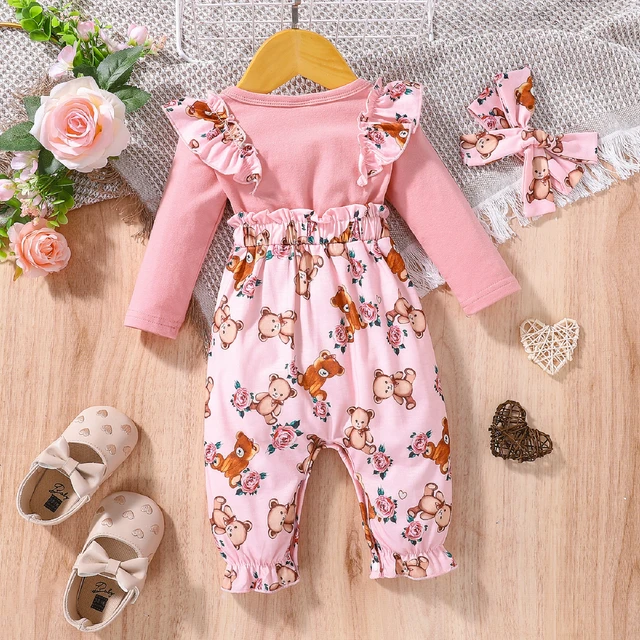 PatPat 2pcs Baby Girl Clothes For Newborn Baby Jumpsuit Long sleeve Cartoon Bear Print Pink Bow Ruffle Headband Set Cute Romper