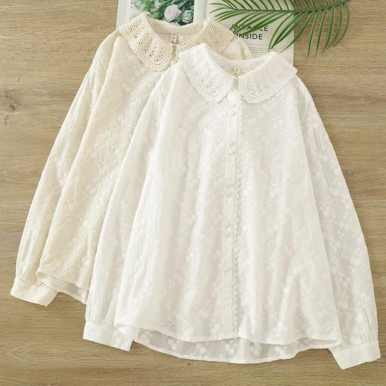 

2026 Women's Cotton Lace Peter Pan Collar Embroidered Blouse Japanese Style Long Sleeve Button-Down Shirt Mori Girl Casual Top