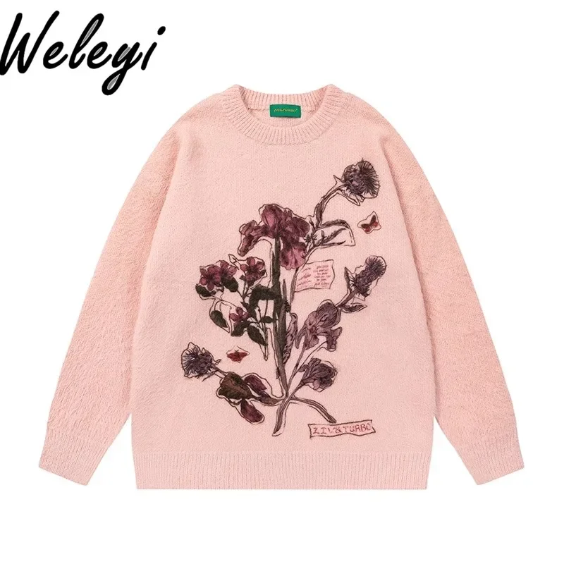 American Trendy Embroidered Flowers Sweater for Men and Women Autumn and Winter Couple 2024 New Pullover Knitted Sweaters Coat