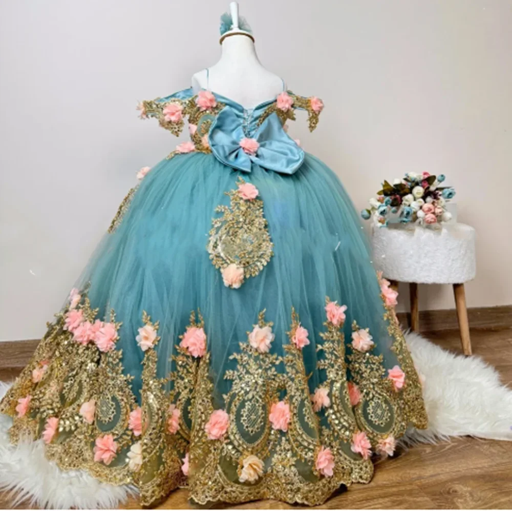 

Luxury Princess Flower Girls Dress Blue Tulle Gold Lace Appliques Off Shoulder Dress For Wedding Birthday First Communion Gowns