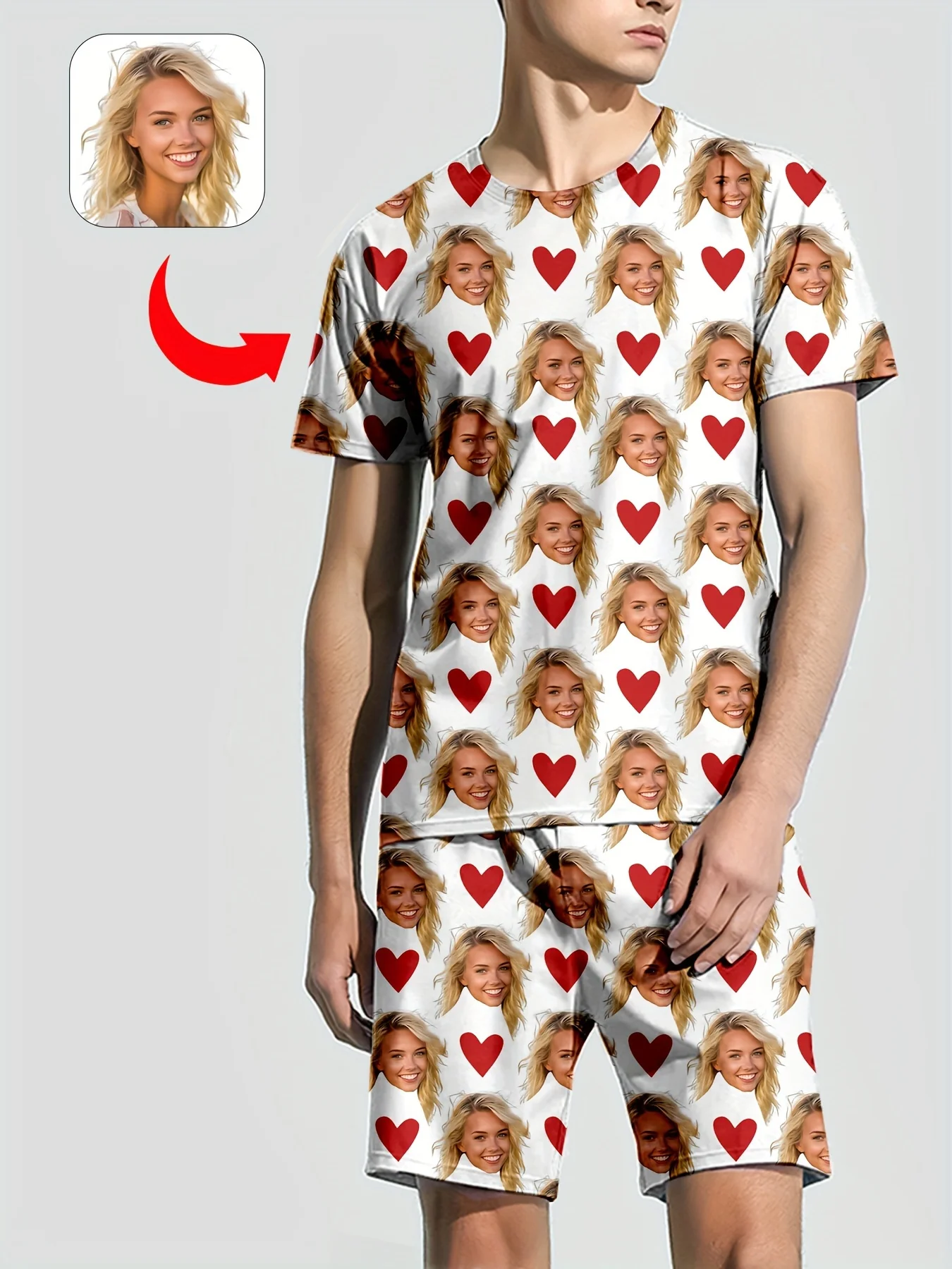 

Мужская или женская футболка с принтом на лице и шорты, комплект личной фото, удобный свободный домашний комплект по индивидуальному заказу, подарок на День святого Валентина