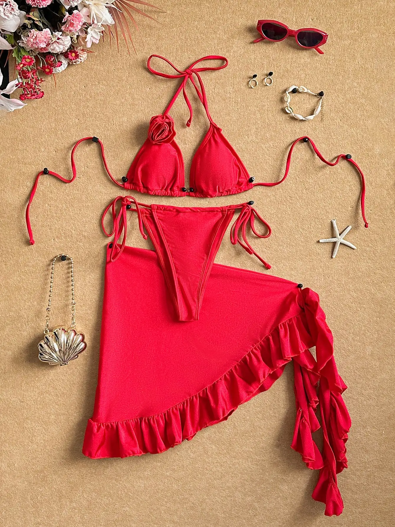 

Красный женский сексуальный комплект бикини с завязками на шее и юбкой-накидкой с рюшами