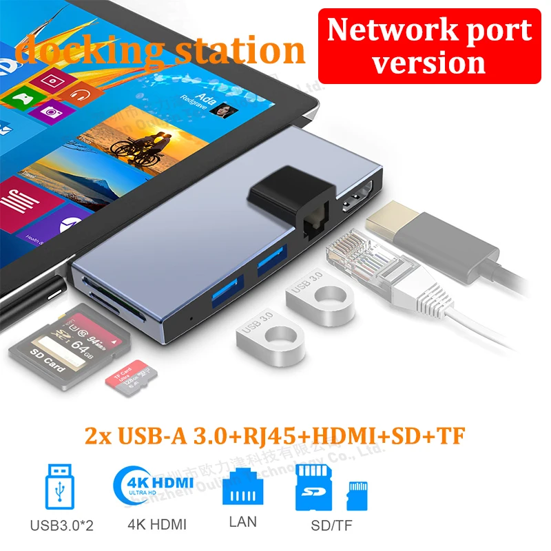 HUB USB 3.0 5Gbps High Speed ​​Microsoft Surface Pro Docking Station 4K HD RJ45 for Surface Pro 4 /Surface Pro 5 /Surface Pro 6