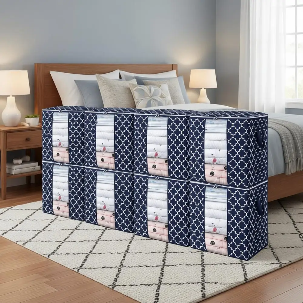 

8 Pack 100L Large Storage Bags for Blankets, Clothes, and Bedding - Foldable Organizers with Reinforced Handles, Clear Windows,