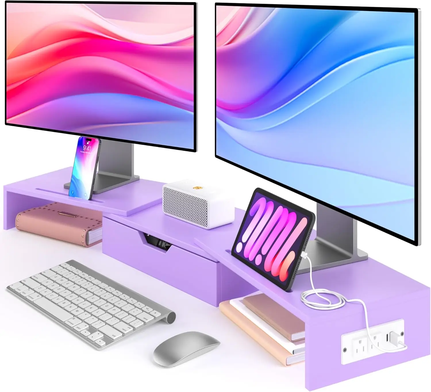 Dual Monitor Stand with USB Ports, Wood Computer Monitor Stand with Drawer, Adjustable Riser, Desk Organizer for PC Laptop