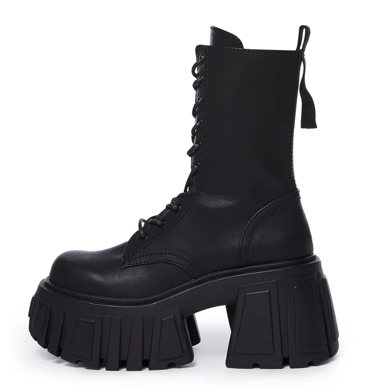 Botas de couro genuíno para mulheres, salto super alto, tubo médio da plataforma, elevador pequeno, curto robusto, na moda, outono, inverno