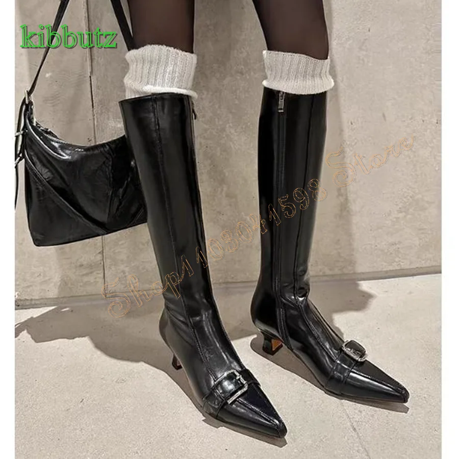 

Buckle Skinny Leather Knee High Boots,Women's Pointed Toe Stiletto Boots Zipper High Heel Boots 2024 New Zapatos Para Mujere