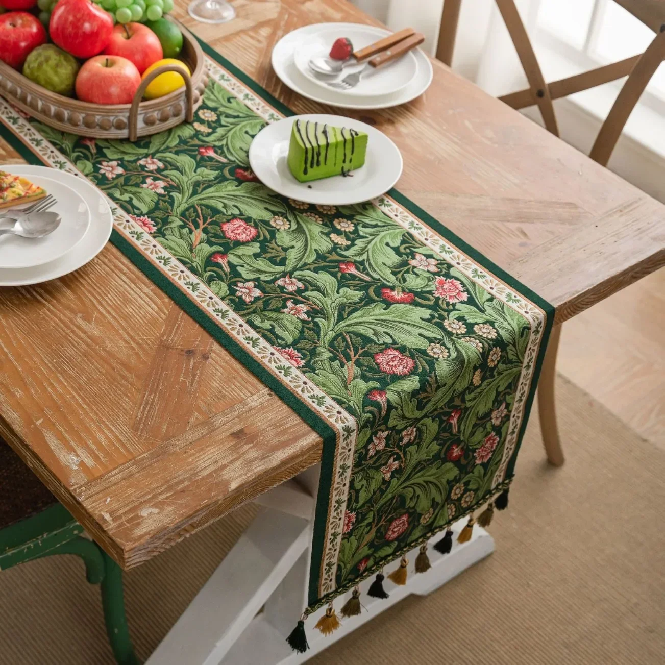 Plant Flower Table Runner with Tassels Jacquard Living Room Cabinet Cover Kitchen Dining Table Runner Party Decoration