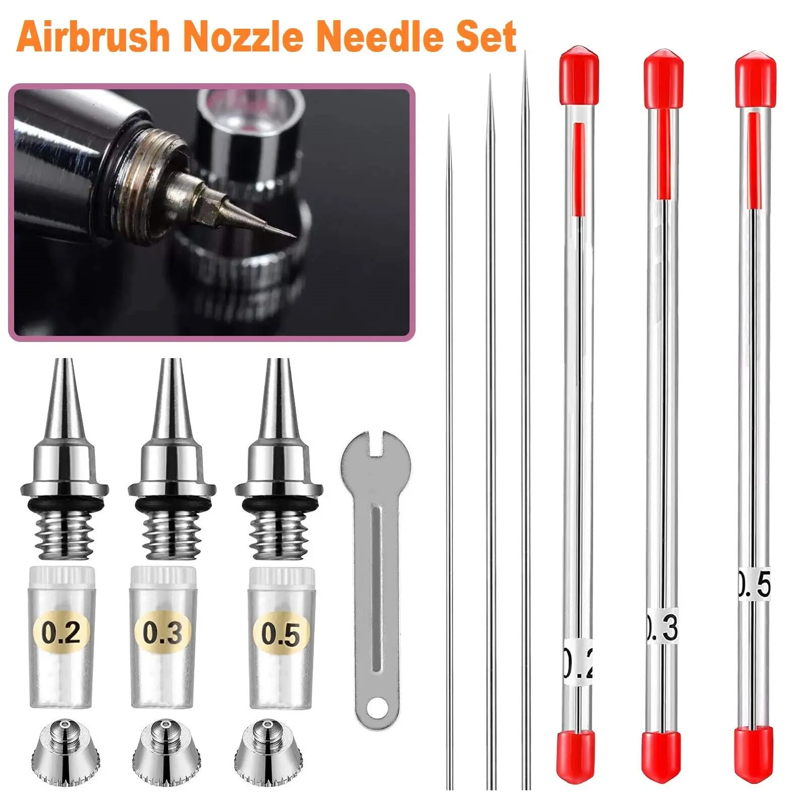 3Pcs 0.2mm 0.3mm 0.5mm Airbrush Nozzle Needle Repair Tool Kit For Multi Type Airbrushes Spray Gun Air Brush Accessories Replace