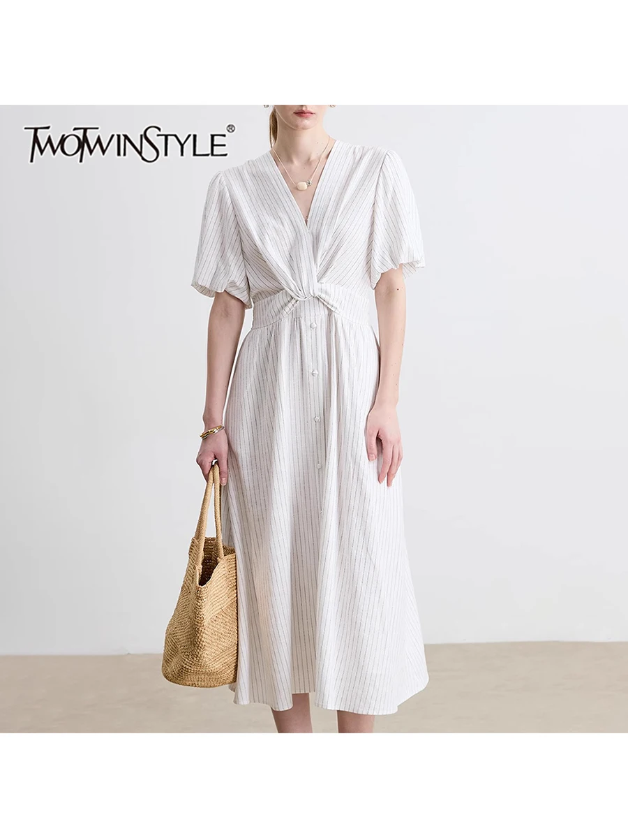 

TWOTWINSTYLE Hit Color Loose Dresses For Women V Neck Short Sleeve High Waist Temperament Long Dress Female Fashion Style New