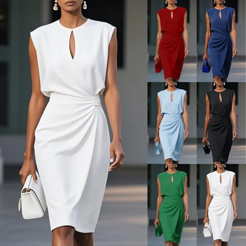 Office Dresses Summer New Round Neck Hollow Out Deep Solid Pleated Waist Sleeveless Slim Dress for Women Robe Longue