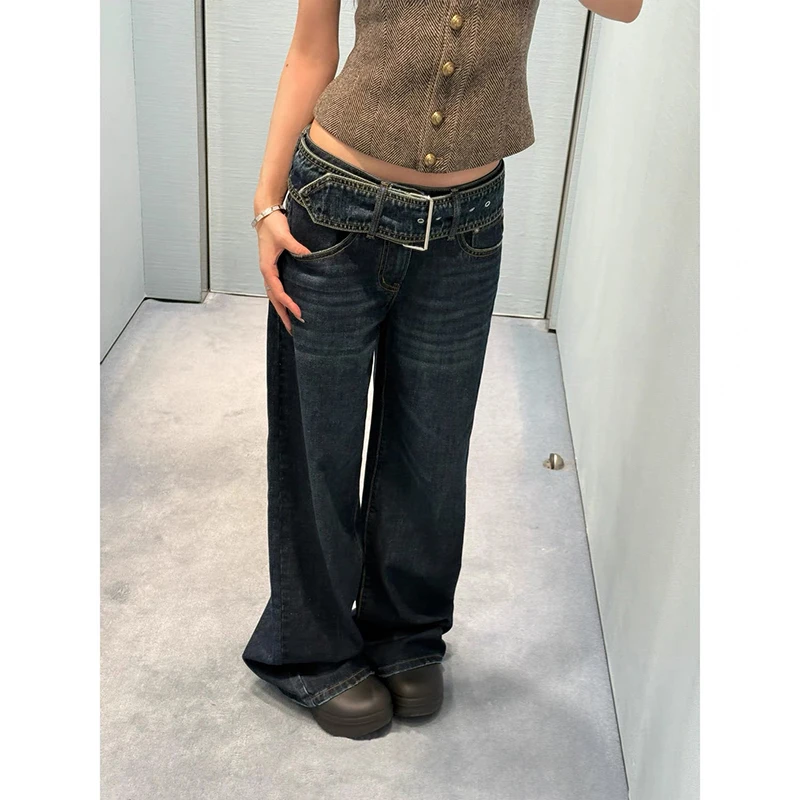 ZHIZOU جينز نسائي أزرق فضفاض Y2k 2000s نمط جمالي سروال جينز منخفض الخصر عتيق هاراجوكو بنطلون جينز كبير الحجم للخريف