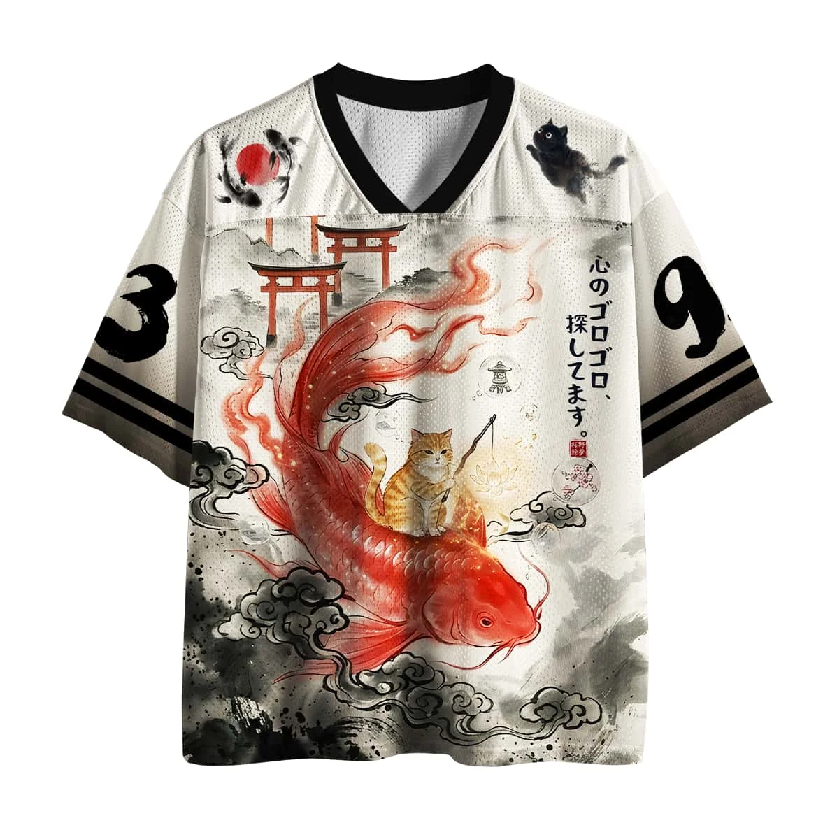 Japanese Style Ink Wash Torii Koi Cat Soccer Baseball Shirt Casual Sports Men and Women 3D Printed Short Sleeved Shirt
