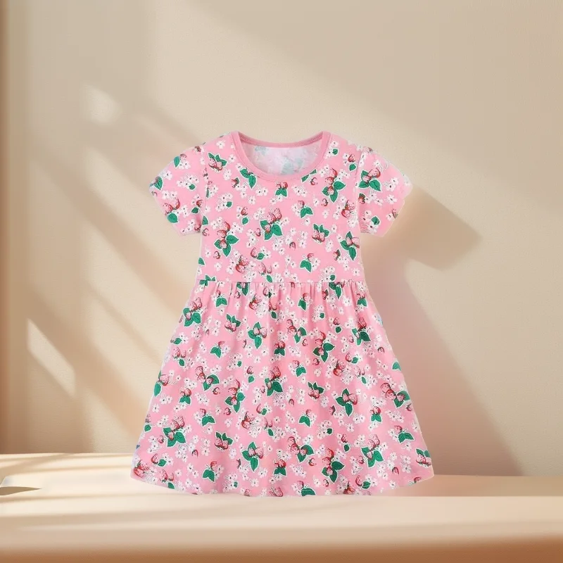 2024 New Girl's Dress Strawberry Print Princess Dress Knitted Cotton Round Neck Short Sleeve Children's Dress