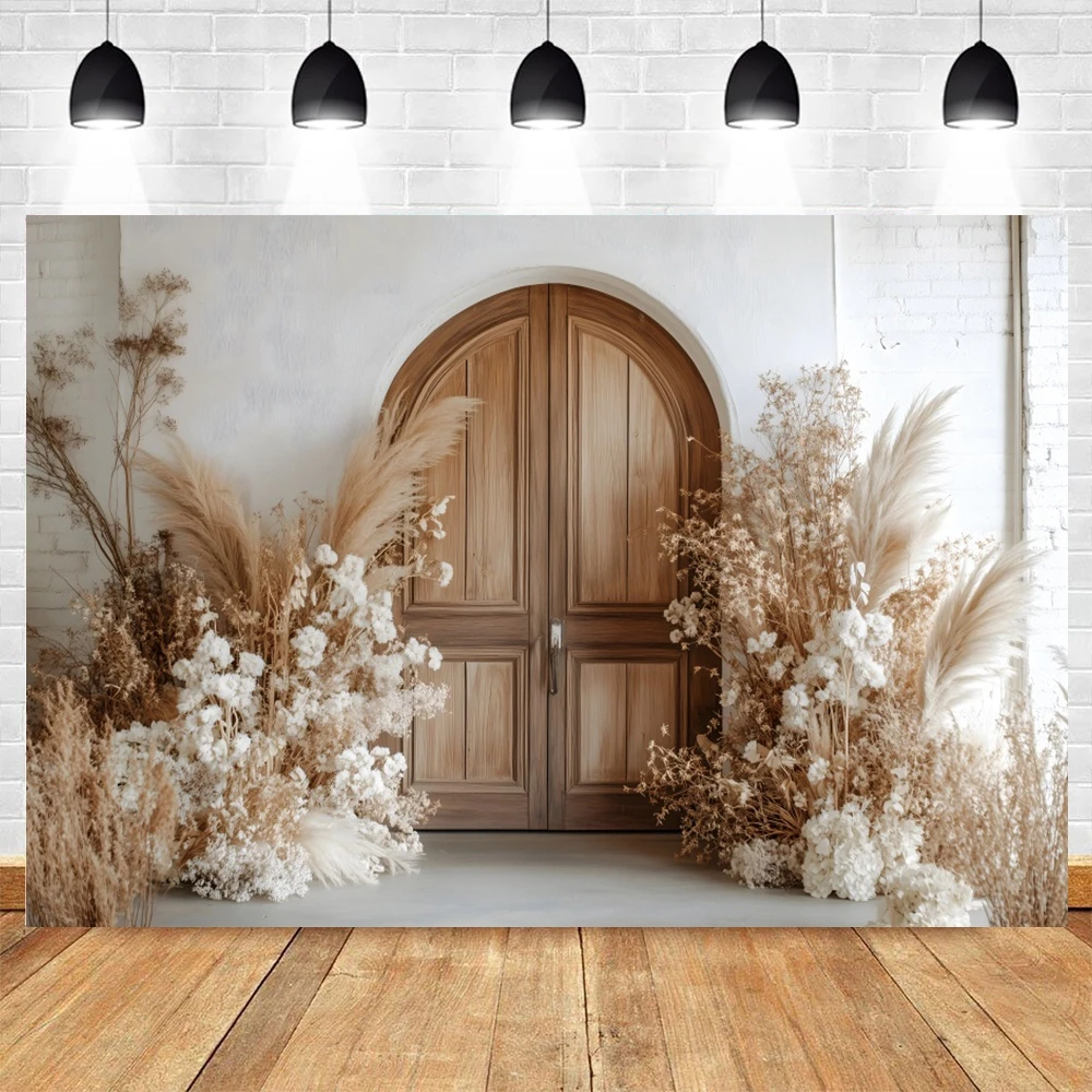 Boho Pampas Wood Door Backdrop Interior Kids Birthday Party Wedding Portrait Pregnant Photography Background Decor Photo Studio