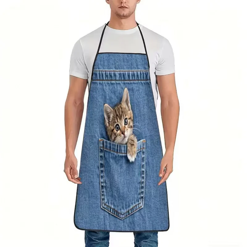 1pc Apron With Cute Kitten Denim Pocket Design, Suitable For Men And Women'S Home Kitchen Use
