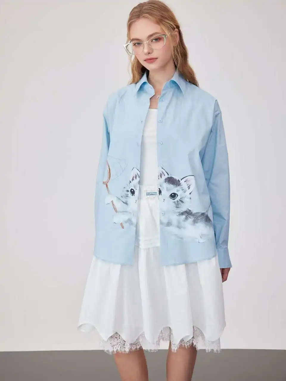 

Ooof! Yang Original Illustration Long Sve Print Loose Fit irt Women's Commute Sle Cotton Blend Slimming Top