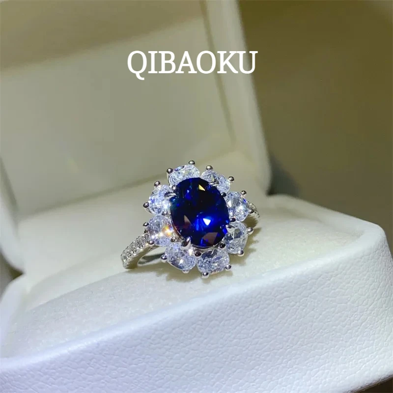 QIBAOKU Certified 2CT Oval Cut Blue Moissanite Ring S925 Silver Sapphire Lab Diamond Halo Wedding Band For Women Jewelry Gift