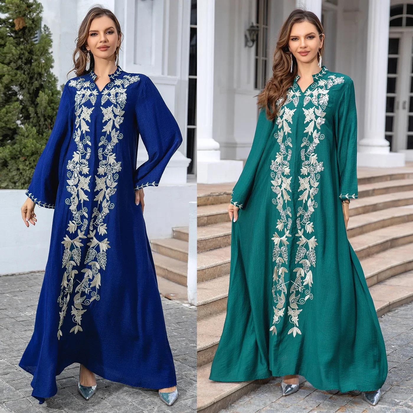 Luxury Islam Muslim Abaya Women Ethnic Print Long Sleeves V-Neck Muslim Dresses Femme Dubai Turkey Caftan Arabia Robe Ramadan