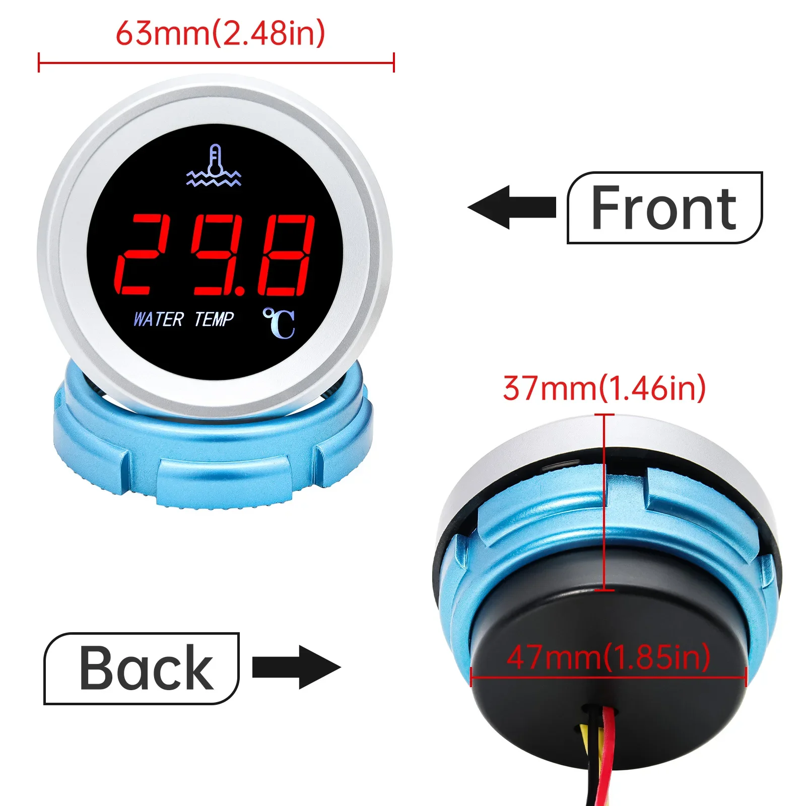 47mm Water Temperature Gauge LED Digital Display Temperature Indicator Signal Thermometer 0-120 Celsius with 10mm Sensor view 4