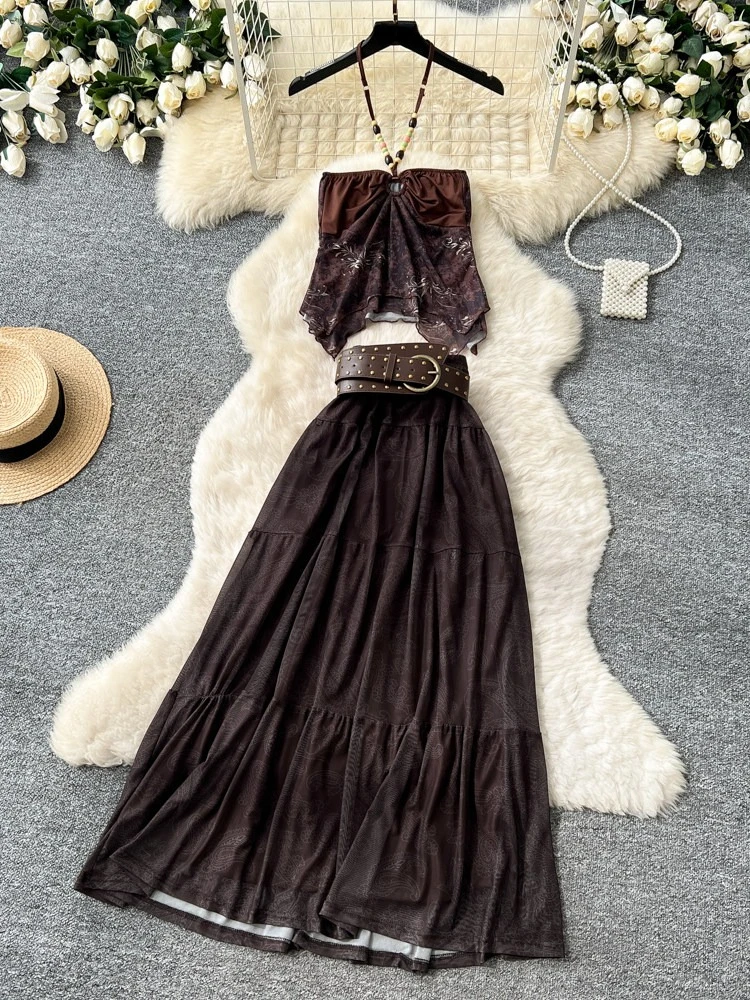 

Women's summer new vacation style irregular neck hanging straps high waist slimming long skirt temperament two-piece set