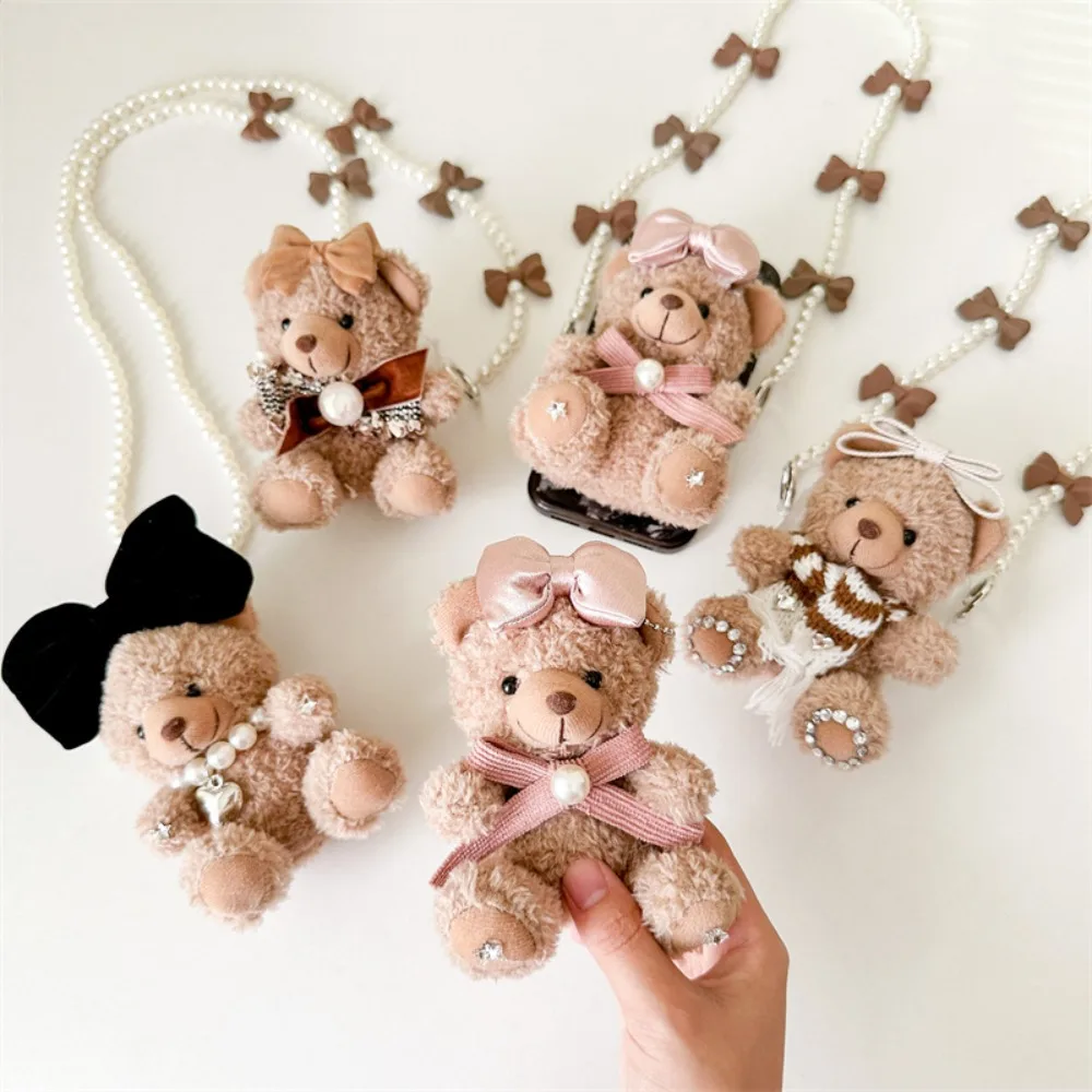 Brown Plush Bear Keychain Handmade Sweet Bow Bear Phone Back Clip Plush Doll Soft Fluff Stuffed Animal Key Rings Phone Lanyard