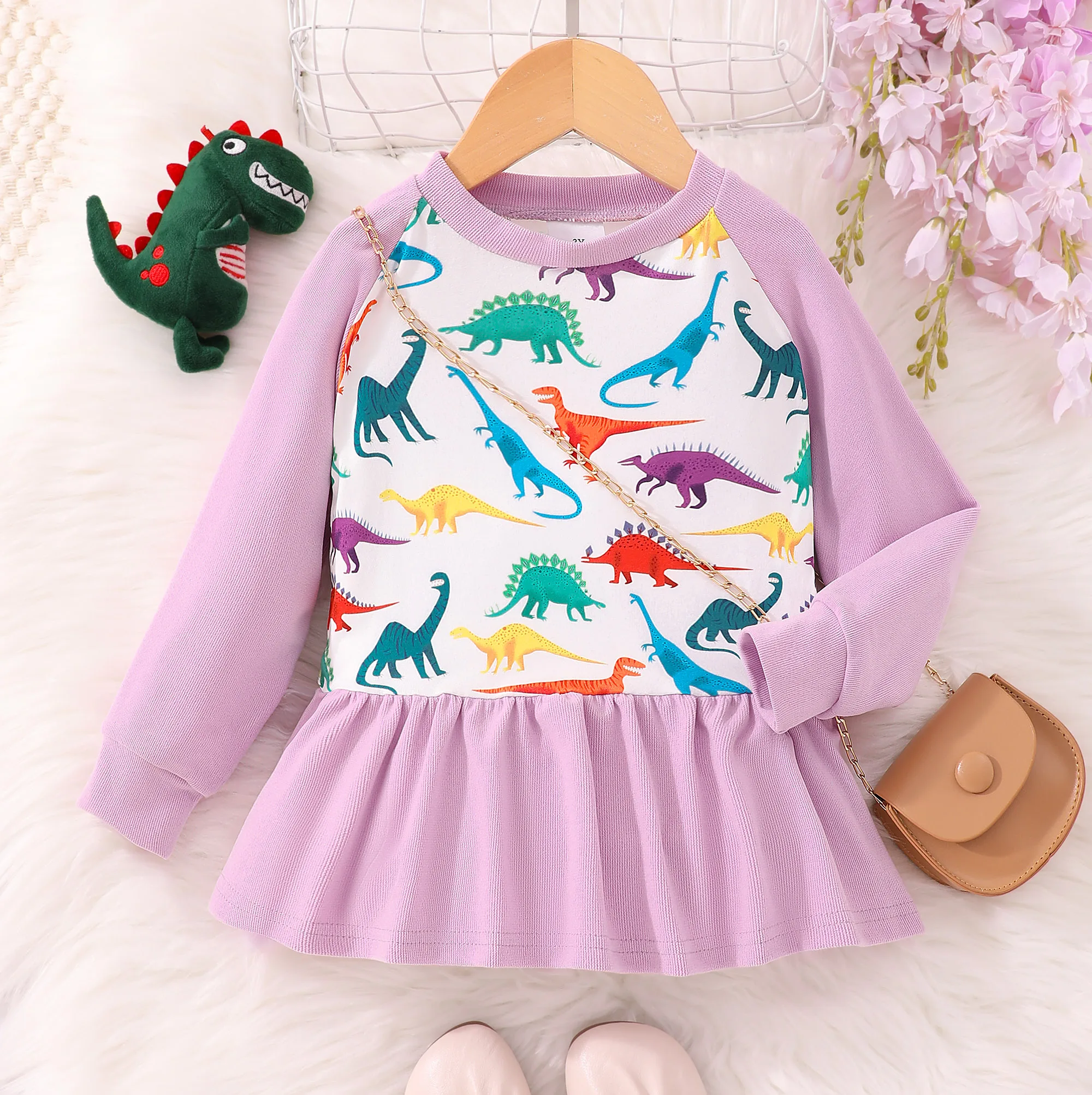 2023 Children\'s Clothing Girls Autumn Top Fashion Casual Long Sleeve Round Neck Panel Dinosaur Butterfly Print Sweater